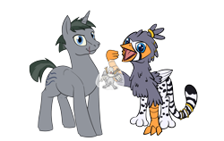 Size: 2850x1800 | Tagged: safe, artist:gyrotech, artist:theandymac, imported from derpibooru, oc, oc only, oc:der, oc:evening breeze, oc:ruzeth, changeling, griffon, pony, unicorn, 2020 community collab, derpibooru community collaboration, bottle, changeling oc, disguise, disguised changeling, griffon oc, griffonized, male, micro, simple background, species swap, transparent background