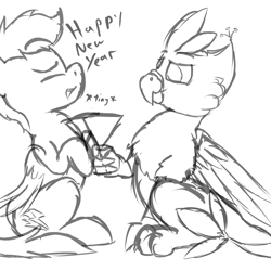 Size: 3000x3000 | Tagged: safe, artist:flashycloset, imported from derpibooru, oc, oc only, oc:gyro feather, oc:gyro tech, oc:lightning flash, griffon, pony, bread, food, griffonized, happy new year, holiday, male, monochrome, species swap, toast