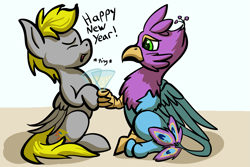 Size: 4499x3000 | Tagged: safe, artist:flashycloset, imported from derpibooru, oc, oc only, oc:gyro feather, oc:gyro tech, oc:lightning flash, griffon, pony, bread, food, griffonized, happy new year, holiday, male, species swap, toast