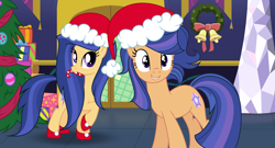 Size: 2814x1524 | Tagged: safe, artist:velveagicsentryyt, imported from derpibooru, oc, oc only, oc:velvet sentry, pony, unicorn, base used, candy, candy cane, christmas, christmas tree, christmas wreath, female, food, hat, holiday, mare, mouth hold, offspring, parent:flash sentry, parent:twilight sparkle, parents:flashlight, present, santa hat, tree, wreath