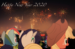 Size: 1520x1000 | Tagged: safe, artist:indonesiarailroadpht, artist:ponyrailartist, editor:relapse11, imported from derpibooru, applejack, rainbow dash, rarity, 2020, new year, show accurate