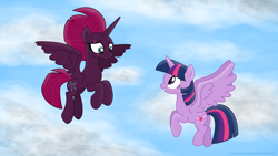Size: 3840x2160 | Tagged: safe, alternate version, artist:ejlightning007arts, imported from derpibooru, tempest shadow, twilight sparkle, alicorn, alicornified, alternate timeline, cloud, cute, eye scar, female, flying, flying lesson, horn, lesbian, princess tempest shadow, race swap, scar, shipping, tempest gets her horn back, tempest now has a true horn, tempesticorn, tempestlight, textless, twilight sparkle (alicorn)