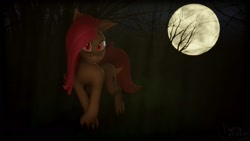 Size: 1920x1080 | Tagged: safe, artist:fluffyrescent, imported from derpibooru, fluttershy, bat pony, pegasus, pony, vampire, vampony, 3d, bat ponified, blender, female, flutterbat, forest, moon, night, race swap, solo