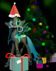 Size: 1600x2043 | Tagged: safe, artist:fluffyrescent, artist:uncertainstardust, imported from derpibooru, queen chrysalis, changeling, 2020, 3d, beverage, candy, candy cane, christmas, christmas changeling, christmas tree, cute, cutealis, drink, female, food, happy new year, hat, holiday, love, new year tree, new years eve, present, santa hat, solo, tree