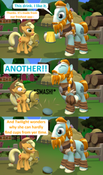 Size: 1920x3240 | Tagged: safe, artist:red4567, imported from derpibooru, applejack, rockhoof, 3d, another, cup, smashing, source filmmaker, thor