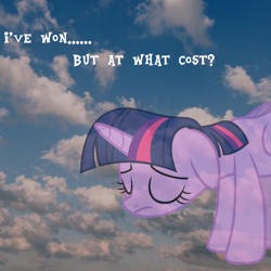 Size: 1440x1440 | Tagged: safe, artist:luckreza8, imported from derpibooru, twilight sparkle, alicorn, pony, cloud, female, floppy ears, meme, ponified meme, sad, sky, solo, text, twilight sparkle (alicorn)