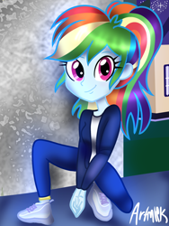 Size: 1536x2048 | Tagged: safe, artist:artmlpk, imported from derpibooru, rainbow dash, equestria girls, alternate hairstyle, building, city, cityscape, clothes, cute, dashabetes, design, fashion style, female, house, jacket, leather jacket, leggings, looking at you, night, rainbow dash always dresses in style, shoes, sitting, smiling, smiling at you, sneakers, solo, toy, white shirt