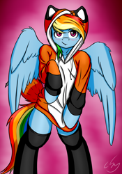 Size: 1446x2062 | Tagged: safe, artist:cluvry, imported from derpibooru, rainbow dash, fox, semi-anthro, animal costume, blushing, clothes, costume, kigurumi, looking at you, simple background, socks, thigh highs