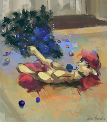 Size: 1223x1392 | Tagged: safe, artist:malinetourmaline, imported from derpibooru, roseluck, pony, behaving like a cat, christmas, christmas ornament, christmas tree, collar, commissioner:doom9454, cute, decoration, holiday, on back, pet tag, pony pet, rosepet, tree