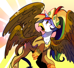 Size: 1280x1170 | Tagged: safe, artist:milky-rabbit, imported from derpibooru, oc, oc only, oc:rainbow feather, griffon, hippogriff, crown, four wings, grifficorn, griffon oc, interspecies offspring, jewelry, magical lesbian spawn, multicolored hair, multiple wings, next generation, offspring, parent:gilda, parent:rainbow dash, parents:gildash, princess, regalia, solo, transformation, wings