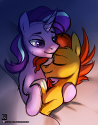 Size: 2000x2548 | Tagged: safe, artist:jedayskayvoker, imported from derpibooru, starlight glimmer, sunburst, pony, unicorn, beard, bed, bedroom eyes, blanket, cuddling, cute, facial hair, gay, gleamburst, half r63 shipping, hug, male, markings, patreon, patreon logo, rule 63, rule63betes, shipping, sleeping, stallion, starburst, stellar gleam, sunbetes