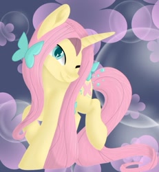 Size: 671x727 | Tagged: safe, artist:letsmakeanoc, imported from derpibooru, fluttershy, butterfly, pony, unicorn, leak, spoiler:g5, abstract background, female, fluttershy (g5 concept leak), fluttershy (g5), g5, g5 concept leak style, g5 concept leaks, head turn, looking at you, mare, one eye closed, raised hoof, raised leg, redesign, smiling, solo, turned head, unicorn fluttershy, wink