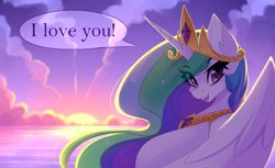 Size: 5555x3404 | Tagged: safe, artist:airiniblock, imported from derpibooru, princess celestia, alicorn, pony, bronybait, commission, crown, eye clipping through hair, female, i love you, jewelry, looking at you, mare, ocean, peytral, regalia, scenery, smiling, solo, water