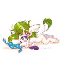 Size: 3000x3000 | Tagged: safe, artist:neonishe, imported from derpibooru, rarity, oc, oc:sugarstar, pony, unicorn, colored hooves, female, heterochromia, leonine tail, mare, plushie, simple background, sleepy, solo, white background