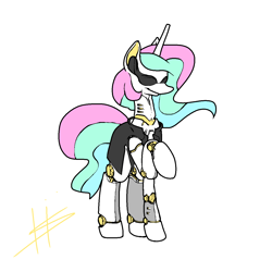 Size: 1280x1280 | Tagged: safe, artist:hotkoin, artist:pencilbrony, imported from derpibooru, princess celestia, cyber pony, cyborg, pony, crossover, deus ex, female, mare, simple background, solo, sunglasses, white background