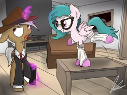 Size: 2048x1536 | Tagged: safe, artist:flaremoon, imported from derpibooru, oc, oc:flare-moon, oc:hazy breeze, pegasus, pony, unicorn, clothes, fedora, female, glasses, gun, hat, homecoming, hopping, levitation, living room, magic, male, mare, necktie, slice of life, slippers, socks, stallion, suit, suitcase, telekinesis, tommy gun, weapon