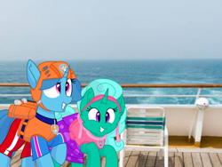 Size: 1440x1080 | Tagged: safe, artist:rainbow eevee edits, artist:徐詩珮, imported from derpibooru, glitter drops, spring rain, pony, unicorn, series:sprglitemplight diary, series:sprglitemplight life jacket days, series:springshadowdrops diary, series:springshadowdrops life jacket days, beach, clothes, cute, female, lesbian, lifeguard, lifeguard spring rain, paw patrol, photo, shipping, springdrops, swimsuit, watching