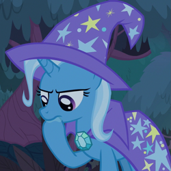 Size: 721x720 | Tagged: safe, imported from derpibooru, screencap, trixie, unicorn, student counsel, cape, clothes, cropped, female, hat, hoof in mouth, mare, stars, tree