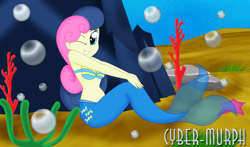 Size: 2448x1440 | Tagged: safe, artist:cyber-murph, imported from derpibooru, bon bon, sweetie drops, mermaid, starfish, series:cyber-murph's mermaids, equestria girls, adorabon, beautiful, belly, belly button, bubble, coral, cute, daaaaaaaaaaaw, looking at you, mermaidized, midriff, one eye closed, rock, seashell bra, seaweed, shell bra, signature, sitting, smiling, species swap, underwater, wink, winking at you