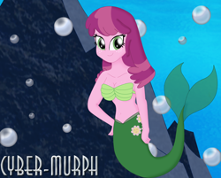 Size: 2448x1968 | Tagged: safe, artist:cyber-murph, imported from derpibooru, cheerilee, mermaid, series:cyber-murph's mermaids, equestria girls, belly, belly button, boob freckles, breasts, bubble, chest freckles, freckles, hand on hip, mermaidized, midriff, rock, seashell bra, shell bra, signature, species swap, underwater