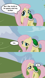 Size: 640x1104 | Tagged: safe, edit, edited screencap, imported from derpibooru, screencap, fluttershy, pegasus, pony, friendship is magic, 3 panel comic, caption, comic, dialogue balloon, female, google translate, image macro, implied patricide, koopa shell, koops, mare, meme, paper mario, paper mario: the thousand year door, screencap comic, solo, speech bubble, text, this will end in patricide, turtle shell