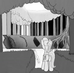 Size: 1345x1313 | Tagged: safe, artist:dsb71013, imported from derpibooru, oc, oc only, oc:light fantastic, pony, log, magic, monochrome, telekinesis, tree