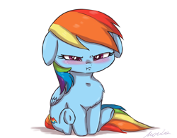 Size: 2800x2200 | Tagged: safe, artist:buttersprinkle, imported from derpibooru, rainbow dash, pegasus, pony, blushing, chest fluff, cute, dashabetes, female, floppy ears, grumpy, grumpy dash, high res, simple background, sitting, solo, white background, ych example, your character here