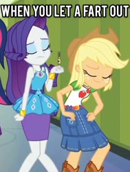 Size: 2048x2710 | Tagged: safe, edit, edited screencap, imported from derpibooru, screencap, applejack, rarity, equestria girls, equestria girls series, spoiler:eqg series (season 2), cropped, duo focus, eyes closed, eyeshadow, fart joke, implied farting, makeup, photo, toilet humor