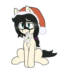 Size: 911x1021 | Tagged: safe, artist:scraggleman, imported from derpibooru, oc, oc only, oc:floor bored, earth pony, pony, /mlp/, christmas, envelope, hat, holiday, mouth hold, ponytail, santa hat, simple background, sitting, smiling, solo