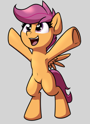 Size: 1022x1415 | Tagged: safe, artist:wenni, imported from derpibooru, scootaloo, pegasus, semi-anthro, armpits, belly button, blank flank, cute, cutealoo, female, filly, happy, mare, open mouth, smiling, solo, spread wings, underhoof, wings