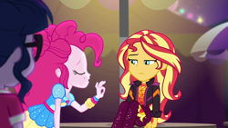 Size: 1920x1080 | Tagged: safe, imported from derpibooru, screencap, pinkie pie, sci-twi, sunset shimmer, twilight sparkle, equestria girls, equestria girls series, sunset's backstage pass!, spoiler:eqg series (season 2), female, music festival outfit, pacha