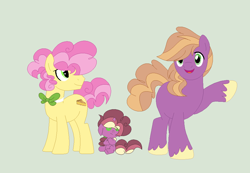 Size: 936x646 | Tagged: safe, artist:roseloverofpastels, artist:selenaede, imported from derpibooru, li'l cheese, little mac, oc, earth pony, pony, unicorn, base used, blank flank, bowtie, female, filly, gay, gray background, li'l mac n cheese, magical gay spawn, male, missing cutie mark, offspring, older, parent:li'l cheese, parent:little mac, parent:little mac (character), parents:li'l mac n cheese, raised hoof, shipping, simple background, stallion, trans boy, trans li'l cheese, trans male, transgender, unshorn fetlocks