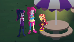 Size: 1920x1080 | Tagged: safe, imported from derpibooru, screencap, pinkie pie, sci-twi, sunset shimmer, equestria girls, equestria girls series, sunset's backstage pass!, spoiler:eqg series (season 2), female, music festival outfit, shoes, sneakers