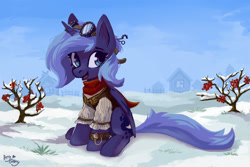 Size: 3000x2000 | Tagged: safe, artist:ami-gami, artist:amy-gamy, imported from derpibooru, princess luna, alicorn, pony, clothes, cute, digital art, female, filly, goggles, high res, lunabetes, s1 luna, sitting, smiling, snow, solo, steampunk, watch, winter, woona, wristwatch, younger