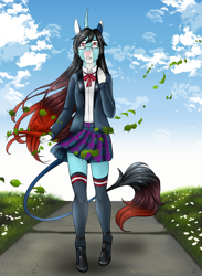 Size: 1174x1603 | Tagged: safe, artist:blackblood-queen, imported from derpibooru, oc, oc only, oc:annie belle, anthro, dracony, hybrid, unguligrade anthro, unicorn, anthro oc, clothes, digital art, fangs, female, glasses, hoof shoes, kneesocks, leonine tail, mare, plaid skirt, skirt, socks, solo, zettai ryouiki