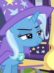 Size: 530x720 | Tagged: safe, imported from derpibooru, screencap, trixie, pony, to where and back again, cape, clothes, cropped, female, hat, solo, trixie's brooch, trixie's cape, trixie's hat, trixie's wagon