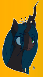 Size: 908x1615 | Tagged: safe, artist:kerpupu, imported from derpibooru, queen chrysalis, bust, eye clipping through hair, portrait, signature, simple background, solo, yellow background