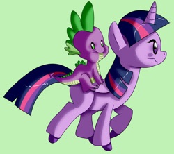 Size: 952x847 | Tagged: safe, artist:dorkaly-doodles, imported from derpibooru, spike, twilight sparkle, alicorn, dragon, pony, colored hooves, dragons riding ponies, duo, green background, profile, riding, simple background, spike riding twilight, twilight sparkle (alicorn)