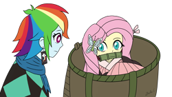 Size: 2560x1440 | Tagged: safe, artist:iamsheila, imported from derpibooru, fluttershy, rainbow dash, demon, equestria girls, anime, clothes, cosplay, costume, demon slayer, kimetsu no yaiba, mouth hold, nezuko kamado, tanjiro kamado