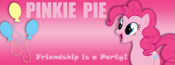 Size: 851x315 | Tagged: safe, artist:flamelauncher14, imported from derpibooru, pinkie pie, earth pony, pony, balloon, banner, cutie mark, female, mare, solo, text