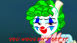 Size: 1152x648 | Tagged: safe, edit, edited screencap, imported from derpibooru, screencap, cozy glow, pegasus, school raze, clown, clown makeup, clowny glow, joker (2019), photoshop, text, the joker