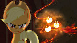 Size: 1920x1080 | Tagged: safe, alternate version, artist:flamelauncher14, artist:gestapwarmhunter, artist:lightningtumble, artist:parclytaxel, edit, imported from derpibooru, applejack, earth pony, pony, apple, apple orchard, apple tree, applejack's hat, cowboy hat, cutie mark, dark, female, food, hat, looking at you, mare, orchard, red eyes, solo, stetson, sweet apple acres, textless, tree, wallpaper, wallpaper edit