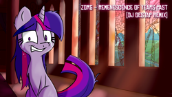 Size: 1920x1080 | Tagged: safe, artist:gestapwarmhunter, artist:joemasterpencil, artist:justagirlonline, artist:wolfiedrawie, edit, imported from derpibooru, twilight sparkle, pony, unicorn, canterlot castle, cover art, crying, female, gritted teeth, mare, sitting, solo, song cover, text, unicorn twilight, window