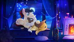 Size: 4000x2291 | Tagged: safe, artist:rish--loo, imported from derpibooru, oc, oc only, oc:eternal light, oc:kalli, alicorn, griffon, alicorn oc, bed, bedroom, blue eyes, book, candle, cloud, fire, fireplace, full moon, griffon oc, heart, horn, lights, looking at each other, moon, night, pillow, plant pot, ponytail, smiling, stars, two colour hair, two toned hair, wings