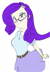 Size: 1669x2367 | Tagged: safe, artist:zxcv, imported from derpibooru, rarity, equestria girls, belt, clothes, cute, female, glasses, looking at you, pixiv, raribetes, simple background, skirt, smiling, solo, white background