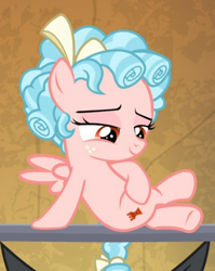 Size: 536x672 | Tagged: safe, imported from derpibooru, screencap, cozy glow, lord tirek, pegasus, pony, frenemies (episode), cropped, female, filly, foal, freckles, lidded eyes, sitting, smiling, smug, solo focus, spread wings, wings