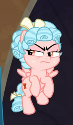 Size: 348x595 | Tagged: safe, imported from derpibooru, screencap, cozy glow, queen chrysalis, pegasus, pony, frenemies (episode), angry, bow, cozy glow is best facemaker, cozy glow is not amused, cozybetes, cropped, cute, female, filly, flying, foal, freckles, hair bow, solo focus, spread wings, tail bow, unamused, wings