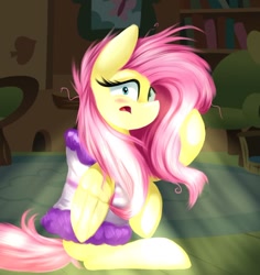 Size: 1024x1085 | Tagged: safe, artist:lcpegasister75, imported from derpibooru, fluttershy, pegasus, pony, bathroom, bed hair, blushing, cute, female, fluttershy's cottage, mare, messy mane, shyabetes, sitting, solo, startled, surprised