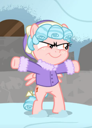 Size: 602x843 | Tagged: safe, imported from derpibooru, screencap, cozy glow, pegasus, pony, frenemies (episode), bipedal, clothes, cozy glow is best facemaker, cropped, evil grin, female, filly, foal, freckles, grin, smiling, sneaking, solo, t pose, winter outfit