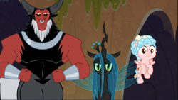 Size: 1668x939 | Tagged: safe, imported from derpibooru, screencap, cozy glow, lord tirek, queen chrysalis, centaur, changeling, changeling queen, pegasus, pony, frenemies (episode), cropped, female, filly, flying, freckles, legion of doom, male, spread wings, trio, wings